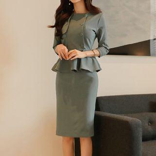3/4-sleeve Double-breasted Ruffle-hem Dress