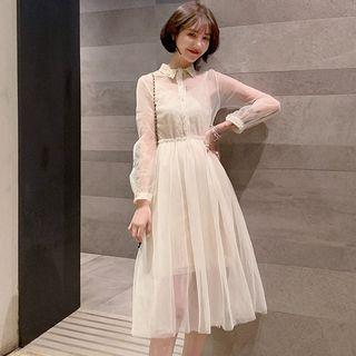 Set: Long-sleeve Sheer Midi Collared Mesh Dress + Spaghetti Strap Lace Dress