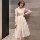Set: Long-sleeve Sheer Midi Collared Mesh Dress + Spaghetti Strap Lace Dress