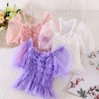 Mesh Puff-sleeve Ruffle Top