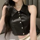 Sleeveless Button-up Collared Crop Top