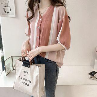3/4-sleeve Striped Buttoned Chiffon Top / Paneled Printed T-shirt