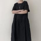 Short-sleeve Shirred Plain Dress Black - One Size