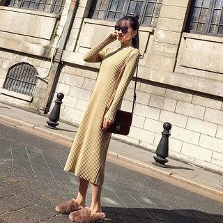 Plain Mock-neck Long-sleeve Rib Knit Dress