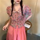 Short-sleeve Floral Blouse / Plain Midi Skirt