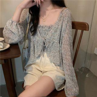 Set: Floral Print Shirred Camisole Top + Tie-front Cardigan