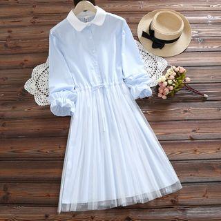 Mock Two Piece Mesh Overlay Long Sleeve Dress