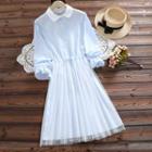 Mock Two Piece Mesh Overlay Long Sleeve Dress