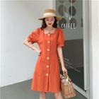 Square Neck Elbow-sleeve Single-breasted Dress