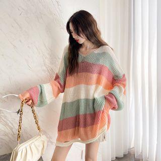 Striped Sweater White & Green & Red - One Size