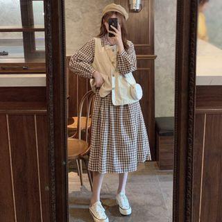 Long-sleeve Checked Midi A-line Dress / Buttoned Vest