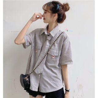 Flower Embroidered Striped Elbow-sleeve Shirt