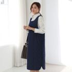 Quilted Denim Midi Pinafore Dress Blue - One Size