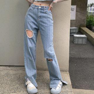 Distressed Beaded Heart Wide-leg Jeans