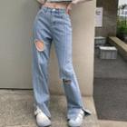Distressed Beaded Heart Wide-leg Jeans