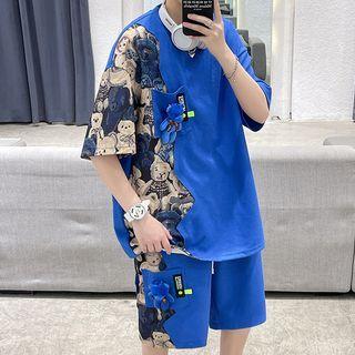 Set: Elbow-sleeve Bear Print T-shirt + Wide Leg Shorts