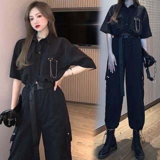 Short-sleeve Shirt / Buckled Cargo Harem Pants / Buckled Bet / Set