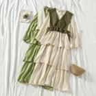 Long-sleeve Midi Tiered Chiffon Dress / Knit Vest