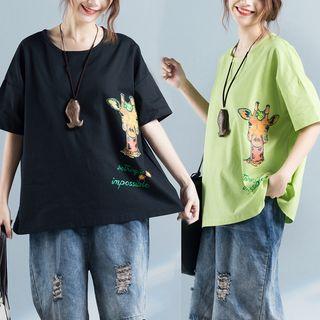 Printed Elbow-sleeve Loose-fit T-shirt