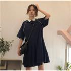 Elbow-sleeve Collared Pleated Dress