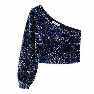 Long-sleeve One-shoulder Sequined Crop Top