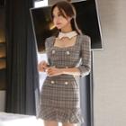 Ruffle Hem 3/4-sleeve Plaid Sheath Dress