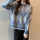 Round-neck Color Block Argyle Long-sleeve Knit Top