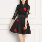 Heart Embroidered 3/4 Sleeve Lace A-line Dress