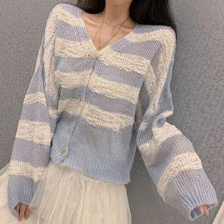 V-neck Color Panel Striped Knit Cardigan