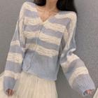 V-neck Color Panel Striped Knit Cardigan