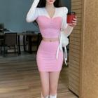 Set: Long-sleeve Paneled T-shirt + Mini Fitted Skirt
