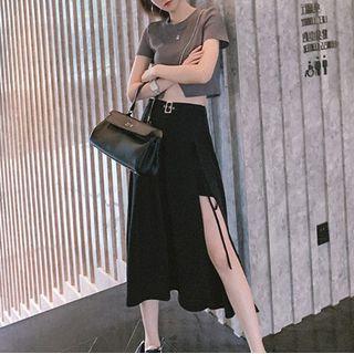 Set: Short-sleeve Front-slit T-shirt + Midi A-line Skirt