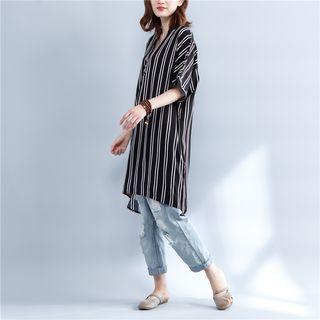 Elbow-sleeve V-neck Stripe Shirtdress
