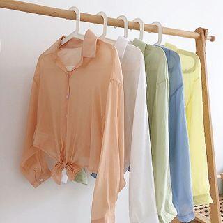 Plain Lace-up Single-breasted Long-sleeve Light Blouse