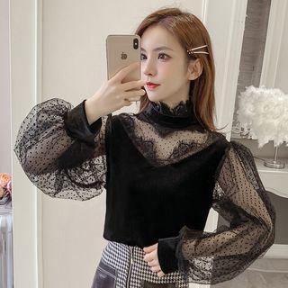 Mesh Panel Lace Trim Lantern-sleeve Velvet Blouse
