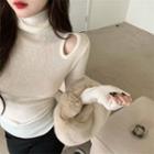 Long-sleeve Turtleneck Cold-shoulder Plain Slim-fit Top