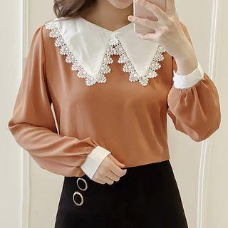 Lace Trim Collared Chiffon Blouse