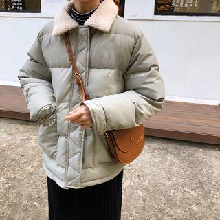 Fleece-collar Padded Jacket Light Green - One Size