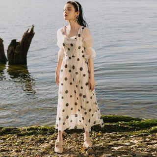 Floral Embroidered Mesh Elbow-sleeve Midi A-line Dress