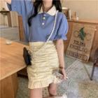 Short-sleeve Two-tone Blouse / Ruched Slim-fit Skirt