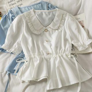 Asymmetric Drawstring-waist Ruffled Crop Blouse