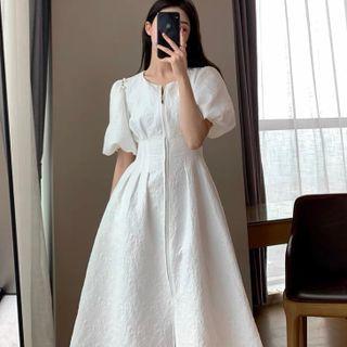 Puff-sleeve Zip-up A-line Dress