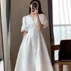 Puff-sleeve Zip-up A-line Dress