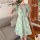 Floral Bow Accent Puff-sleeve Dress