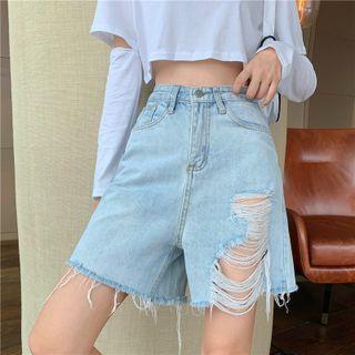 Distressed High-waist Denim Wide-leg Shorts