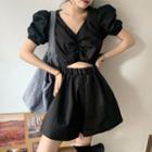 V-neck Puff-sleeve Cut-out Playsuit Black - One Size