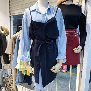 Long-sleeve Plain Shirt / Spaghetti Strap Mini Dress Blue - One Size