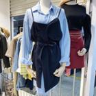 Long-sleeve Plain Shirt / Spaghetti Strap Mini Dress Blue - One Size