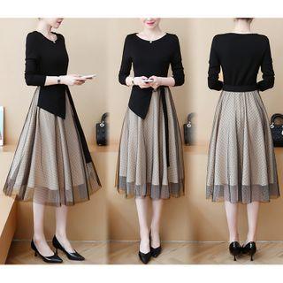 Long-sleeve Dotted Mesh Overlay Midi A-line Dress