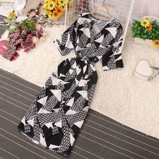 Elbow-sleeve Print Slit Maxi A-line Dress